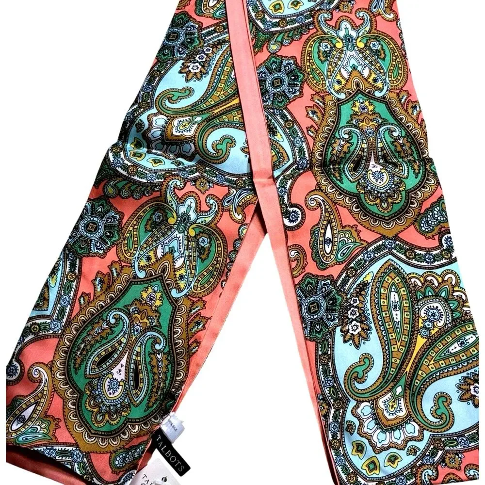 NWT Talbots 100% Silk Skinny Scarf Twilly Paisley Scarf Pink Teal Orange Boho